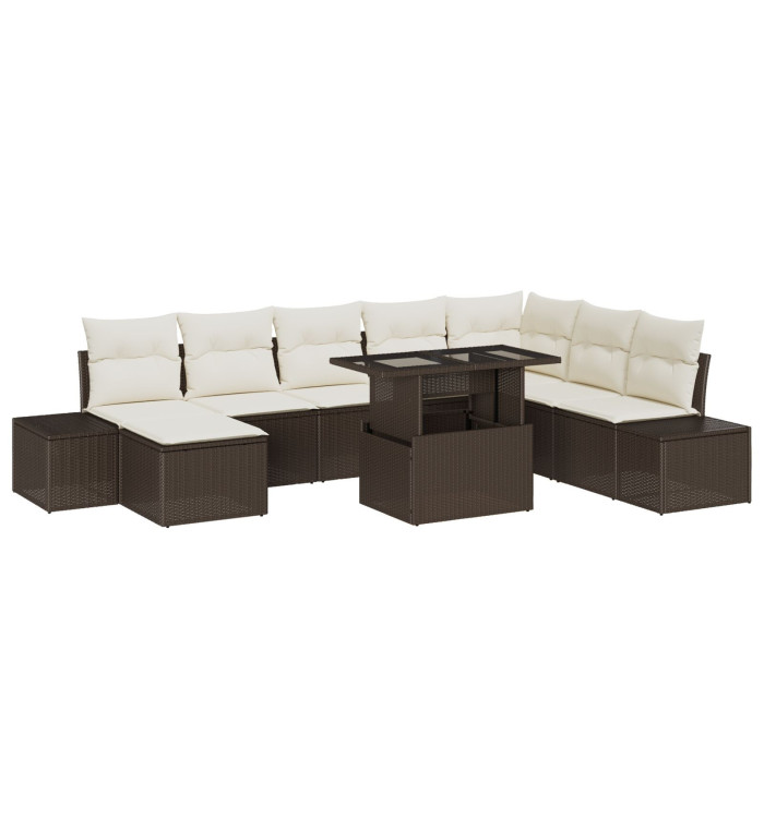 Ensemble de Canapé de Jardin 9 pièces avec Coussins Marron en Rattan Synthétique | Mobilier & Déco