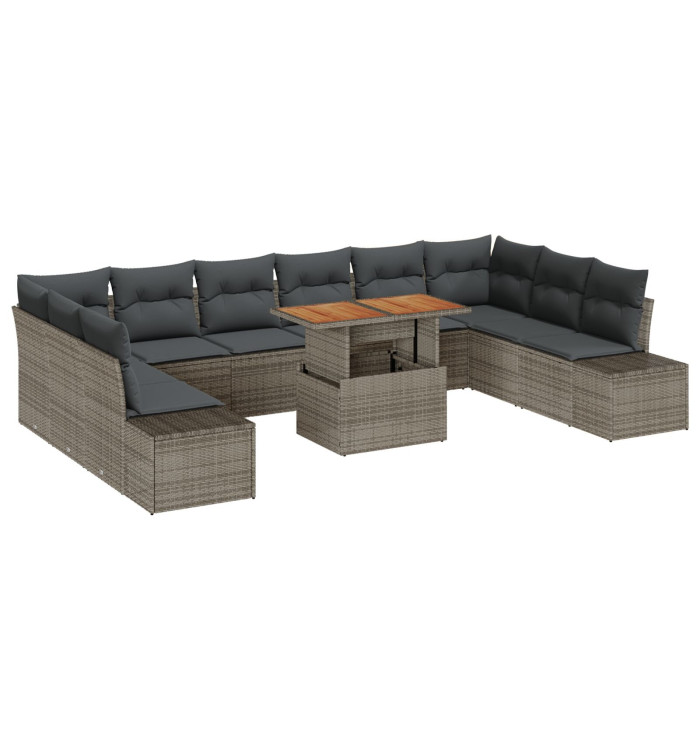 Ensemble de canapé de jardin 11 pièces avec coussins gris en rotin poly | Mobilier & Déco