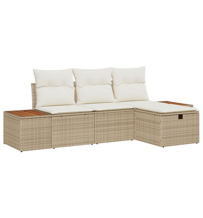 Ensemble de canapé de jardin de 4 pièces avec coussins beige en poly rotin | Mobilier & Déco