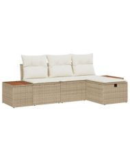 Ensemble de canapé de jardin de 4 pièces avec coussins beige en poly rotin | Mobilier & Déco