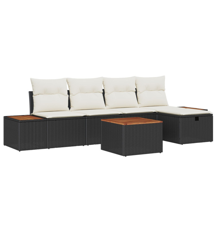Ensemble de canapé de jardin 6 pièces avec coussins noir poly rotin | Mobilier & Déco