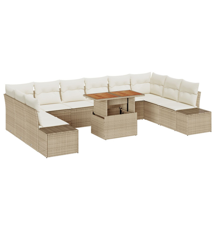 Set de Sofa de Jardin 11 Pièces avec Coussins Beige Poly Rattan | Mobilier & Déco