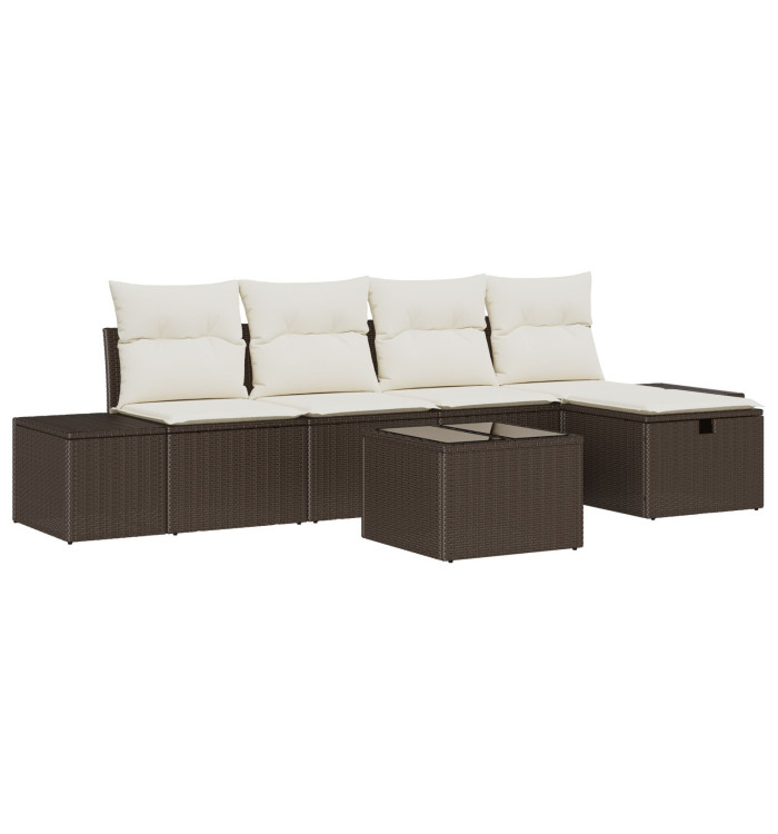 Ensemble de canapés de jardin 6 pièces avec coussins en poly rattan marron | Mobilier & Déco