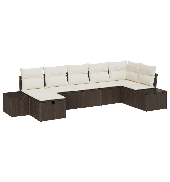 Ensemble de canapé de jardin 7 pièces avec coussins en rotin poly marron | Mobilier & Déco