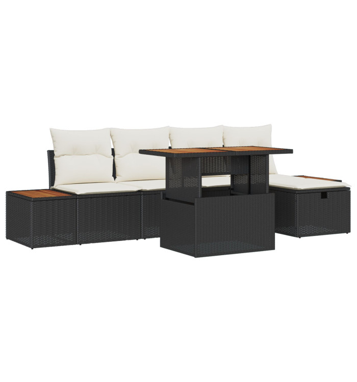 Ensemble de canapé de jardin de 6 pièces avec coussins Noir Poly Rotin | Mobilier & Déco