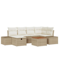 Ensemble de canapé de jardin 7 pièces avec coussins en beige en poly rattan | Mobilier & Déco