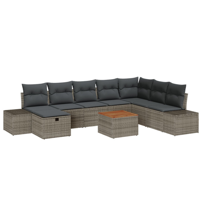Ensemble de jardin 9 pièces avec coussins gris en poly rotin | Mobilier & Déco