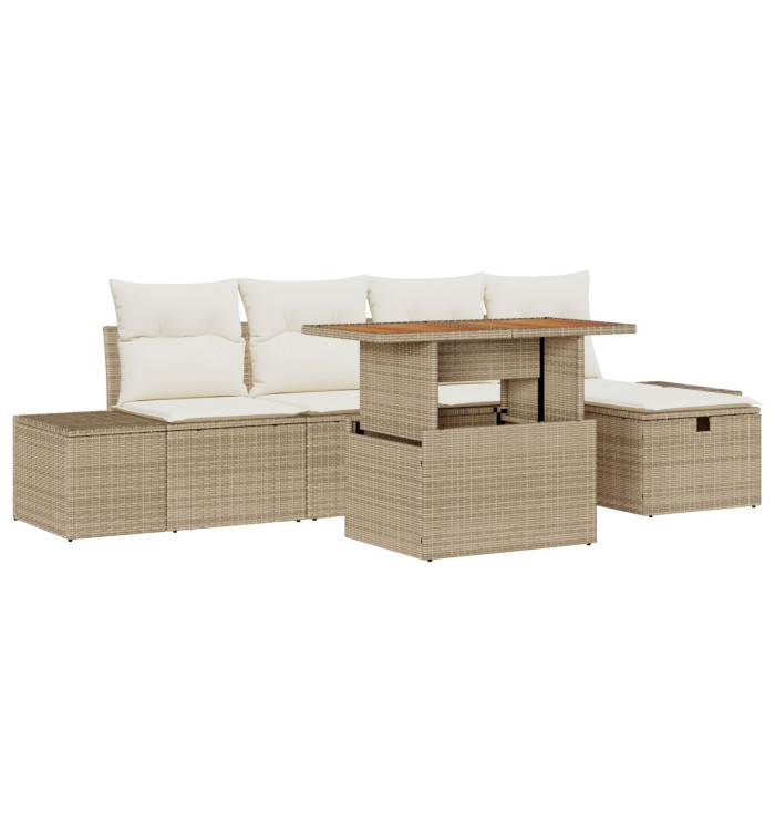 Ensemble de canapé de jardin 6 pièces avec coussins beige en poly rattan | Mobilier & Déco