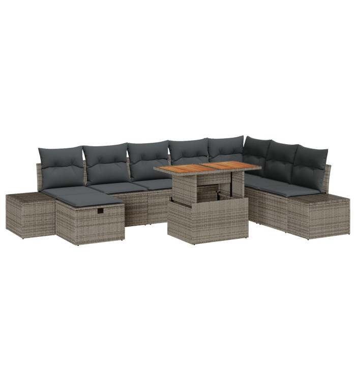 Ensemble de Salle à Manger de Jardin de 9 Pièces avec Coussins en Gris Poly Rattan Acacia | Mobilier & Déco