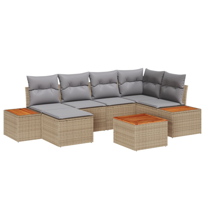 Set de canapé de jardin 7 pièces avec coussins beige en rotin synthétique | Mobilier & Déco