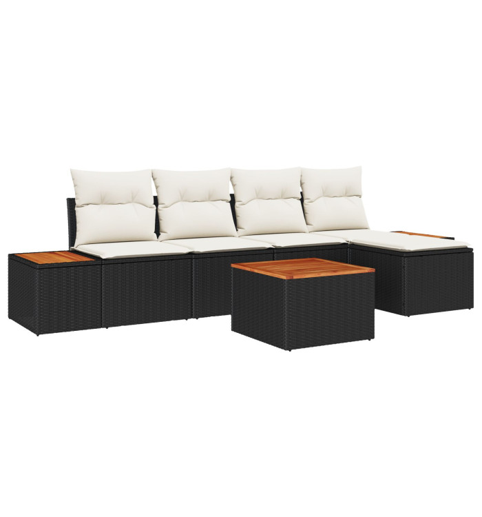 Ensemble de canapé de jardin 6 pièces avec coussins noir poly rotin acacia | Mobilier & Déco
