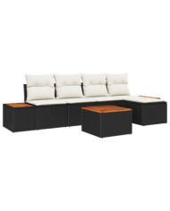 Ensemble de canapé de jardin 6 pièces avec coussins noir poly rotin acacia | Mobilier & Déco