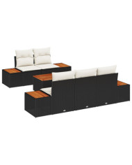 Ensemble de Canapés de Jardin de 6 pièces avec Coussins Noir Poly Rattan Acacia | Mobilier & Déco