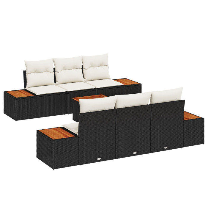 Ensemble de canapé de jardin de 7 pièces avec coussins noir poly rotin acacia | Mobilier & Déco