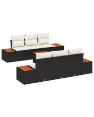Ensemble de canapé de jardin de 7 pièces avec coussins noir poly rotin acacia | Mobilier & Déco