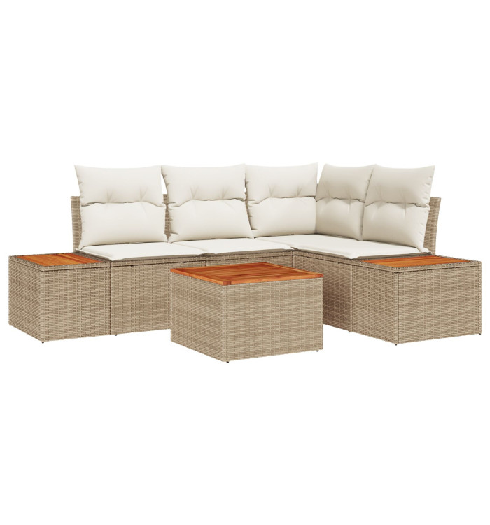 Ensemble de Canapé 5 Pièces de Jardin avec Coussins Beige Poly Rattan Acacia | Mobilier & Déco