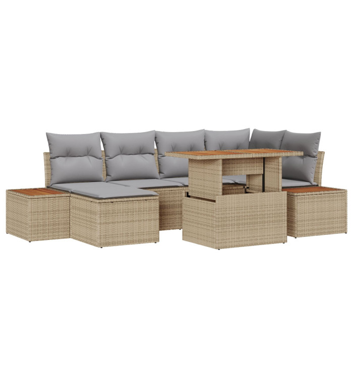 Ensemble de salle à manger de jardin 7 pièces avec coussins en poly rotin beige et acacia | Mobilier & Déco