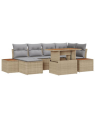 Ensemble de salle à manger de jardin 7 pièces avec coussins en poly rotin beige et acacia | Mobilier & Déco