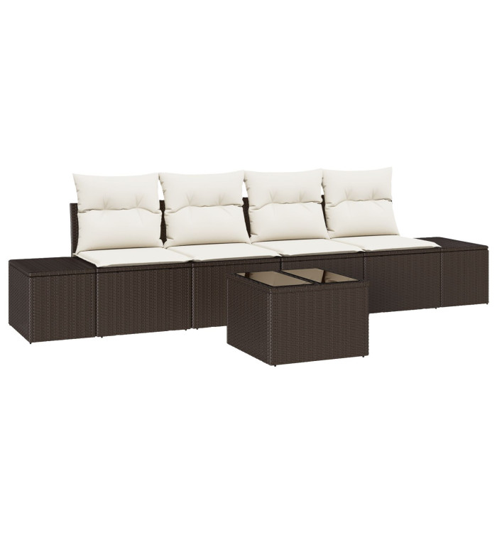 Ensemble de canapé de jardin 5 pièces avec coussins Brun Poly Rattan | Mobilier & Déco