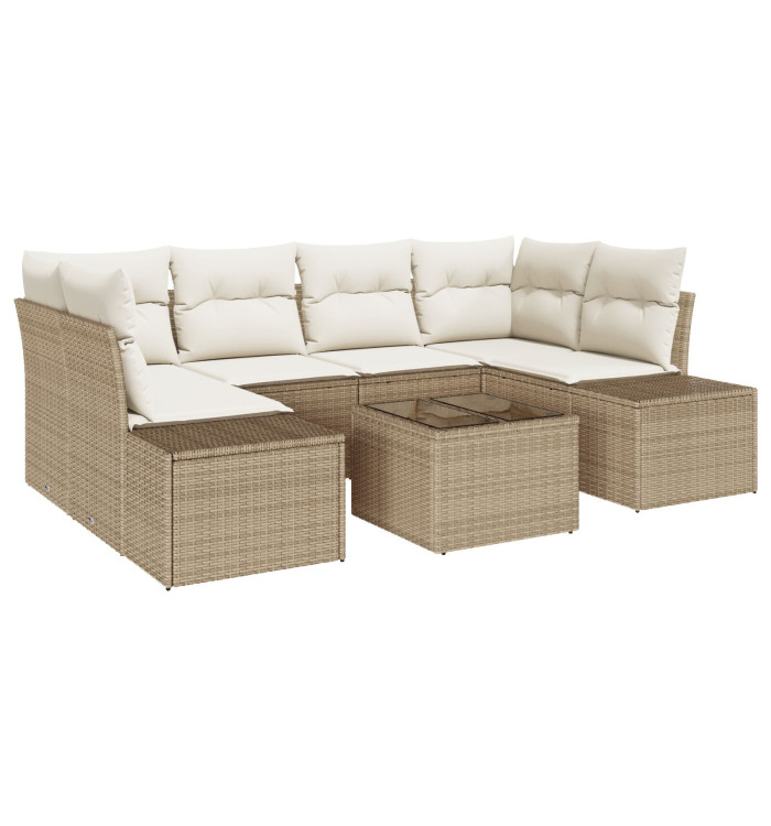 Set de canapé de jardin 7 pièces avec coussins beige poly rattan | Mobilier & Déco
