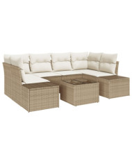 Set de canapé de jardin 7 pièces avec coussins beige poly rattan | Mobilier & Déco