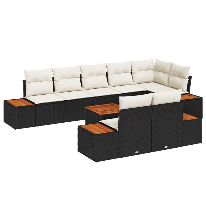 Ensemble de Canapé de Jardin 9 Pièces avec Coussins Noir Poly Rattan Acacia | Mobilier & Déco