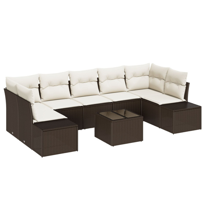 Ensemble de canapé de jardin 8 pièces avec coussins marron en poly rotin | Mobilier & Déco
