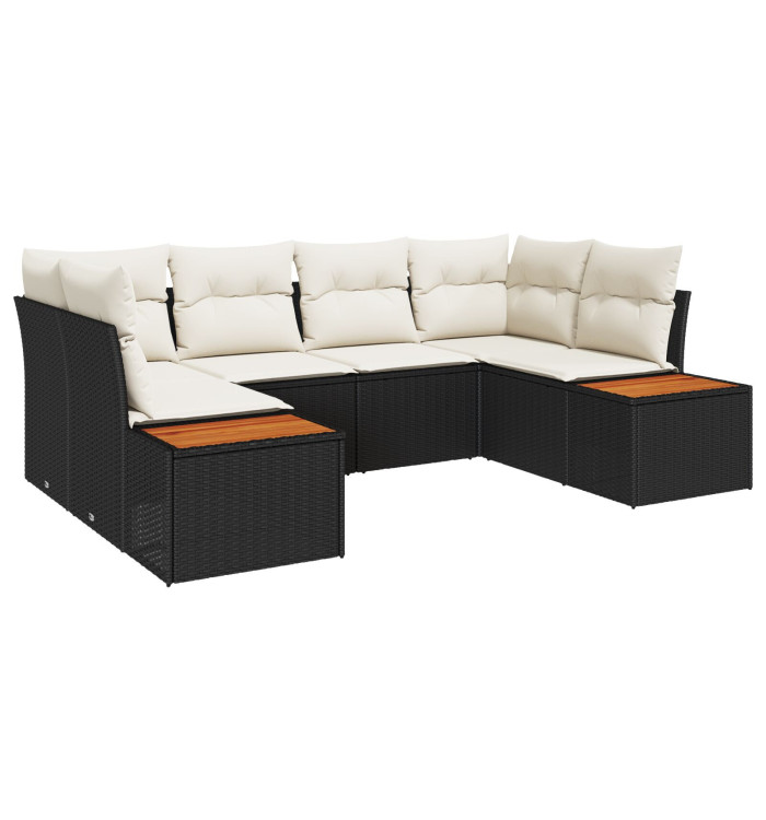 Ensemble de canapés de jardin 6 pièces avec coussins noir poly rattan acacia | Mobilier & Déco