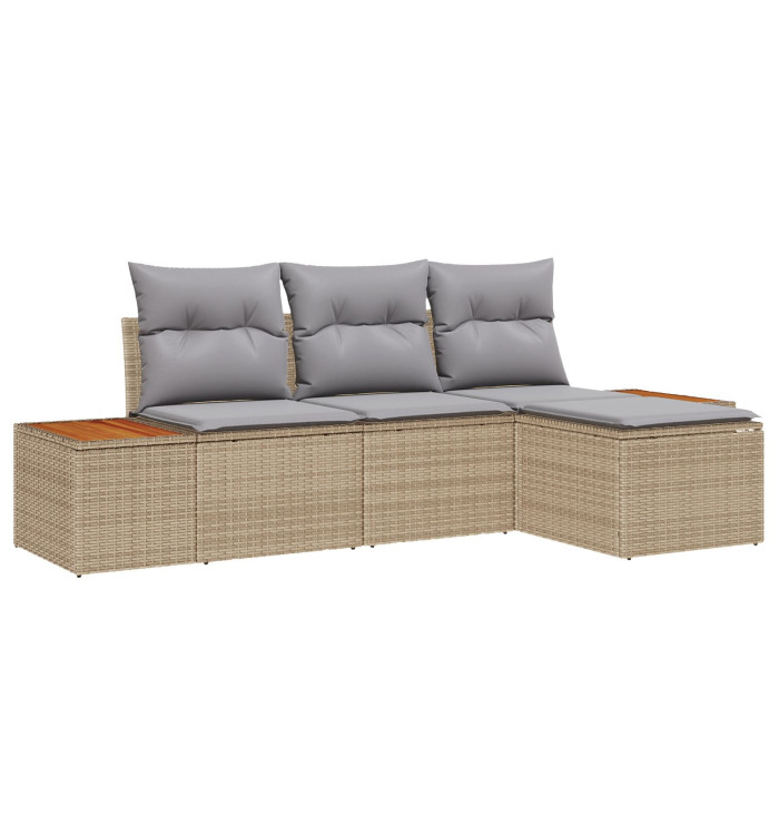 Ensemble de Canapés de Jardin 4 Pièces avec Coussins Beige Rotin Poly Acacia | Mobilier & Déco