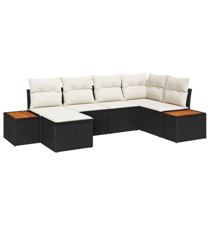 Ensemble de Canapés de Jardin 6 pièces avec Coussins Noir Rattan Poly Acacia | Mobilier & Déco