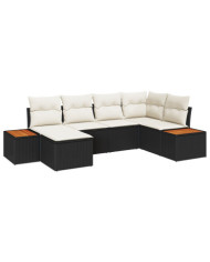 Ensemble de Canapés de Jardin 6 pièces avec Coussins Noir Rattan Poly Acacia | Mobilier & Déco