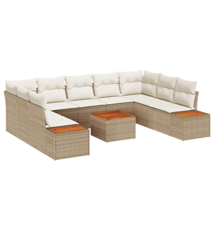 Ensemble de Canapés de Jardin 10 pièces avec Coussins Beige Poly Rotin Acacia | Mobilier & Déco