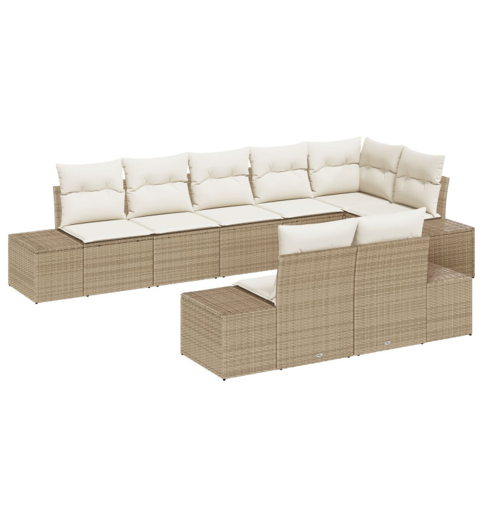 Ensemble de canapé de jardin 8 pièces avec coussins en rotin polybeige | Mobilier & Déco