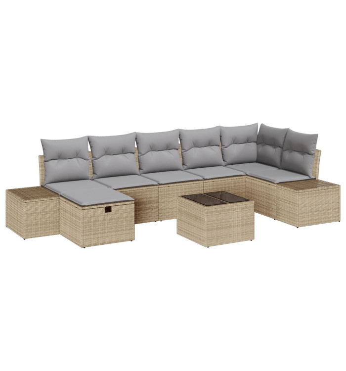 Ensemble de canapé de jardin de 8 pièces avec coussins beige en poly rotin | Mobilier & Déco