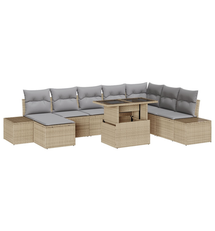 Ensemble de canapé de jardin 9 pièces avec coussins beige en poly rotin | Mobilier & Déco
