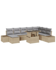 Ensemble de canapé de jardin 9 pièces avec coussins beige en poly rotin | Mobilier & Déco