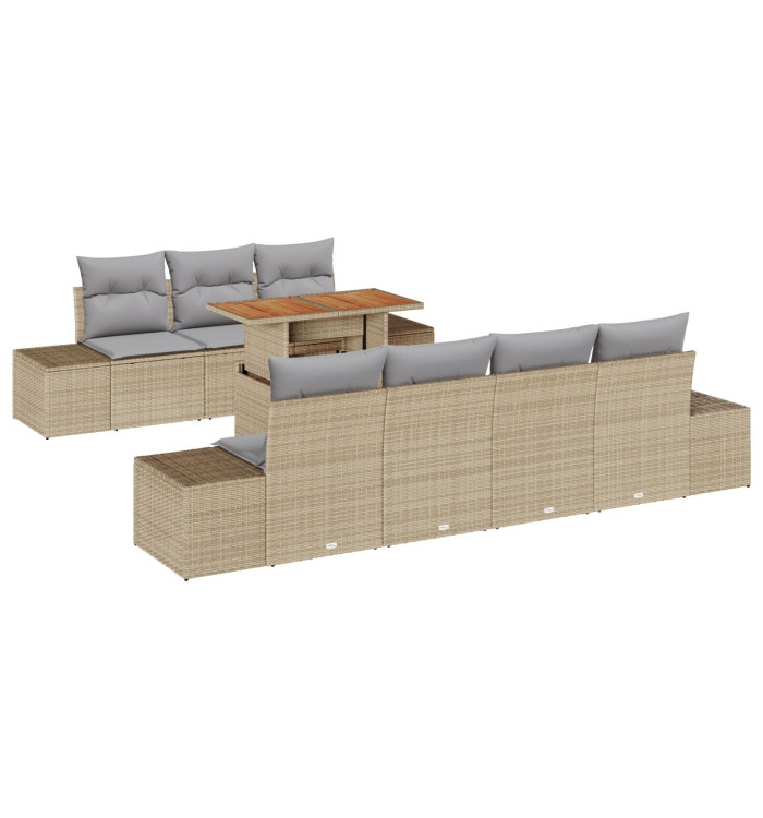 Set de canapé jardin 8 pièces avec coussins beige rotin synthétique | Mobilier & Déco