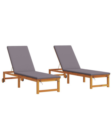 Chaises longues 2 pcs avec coussins en bois d'acacia massif, Chaise longue avec coussins gris clair en bois d'acacia massif | M