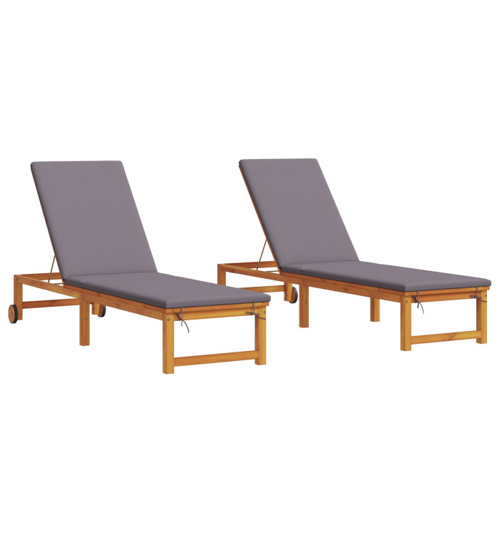 Chaises longues 2 pcs avec coussins en bois d'acacia massif, Chaise longue avec coussins gris clair en bois d'acacia massif | M