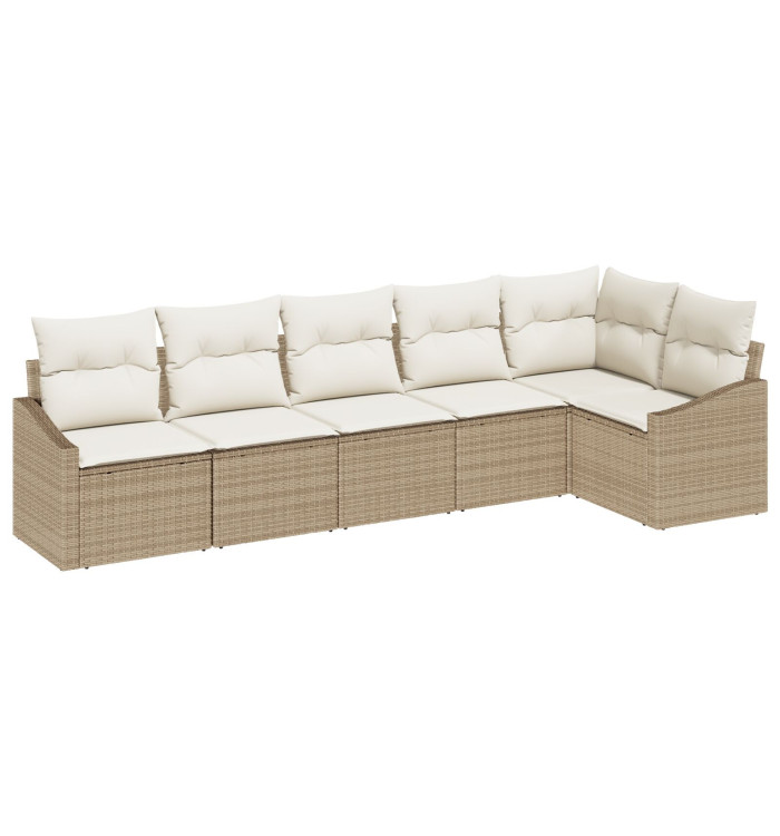 Ensemble de salle à manger de jardin 6 pièces avec coussins en poly rotin beige | Mobilier & Déco
