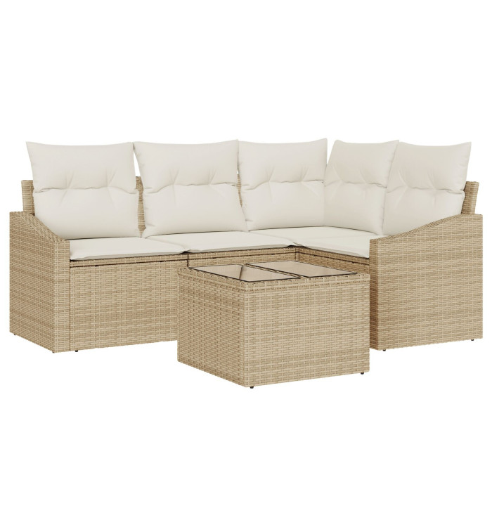 Ensemble de salle à manger de jardin 5 pièces avec coussins en poly rattan marron | Mobilier & Déco