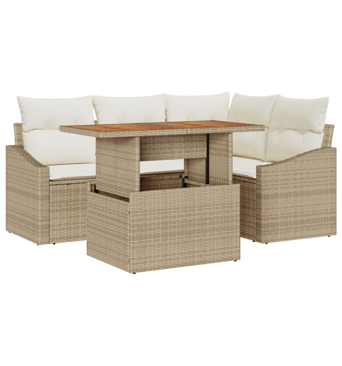Ensemble de canapé de jardin 5 pièces avec coussins beige en rotin synthétique | Mobilier & Déco