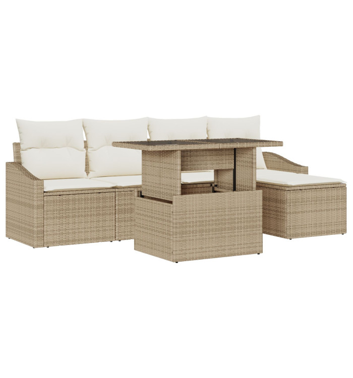 Set de canapé de jardin 6 pièces avec coussins beige en poly rattan | Mobilier & Déco