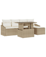 Set de canapé de jardin 6 pièces avec coussins beige en poly rattan | Mobilier & Déco