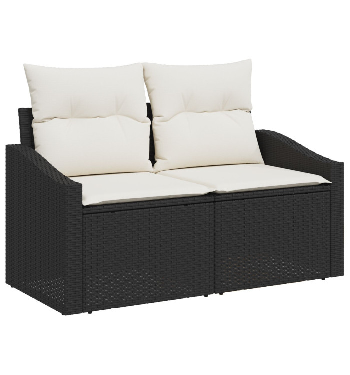 Canapé de jardin 2 places avec rangement et coussins en poly rattan noir | Mobilier & Déco