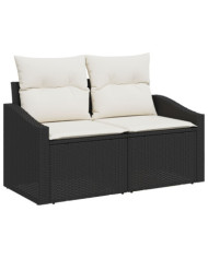 Canapé de jardin 2 places avec rangement et coussins en poly rattan noir | Mobilier & Déco