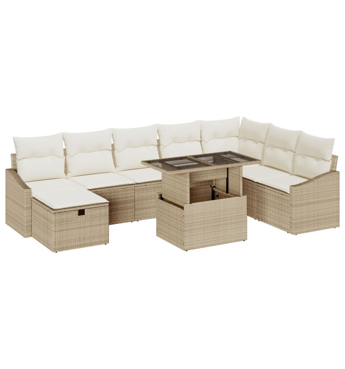 Ensemble de Canapé de Jardin 9 Pièces avec Coussins Beige Poly Rotin | Mobilier & Déco