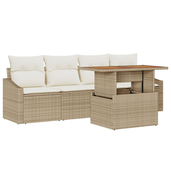 Canapé de jardin 5 pièces avec coussins Beige en poly rotin | Mobilier & Déco