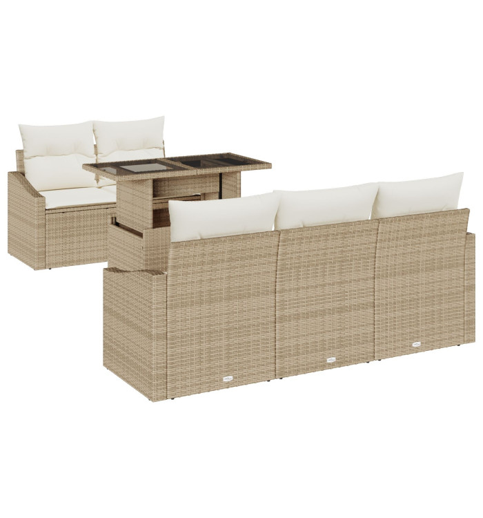 Ensemble de canapé de jardin 6 pièces avec coussins Beige Rattan Poly | Mobilier & Déco