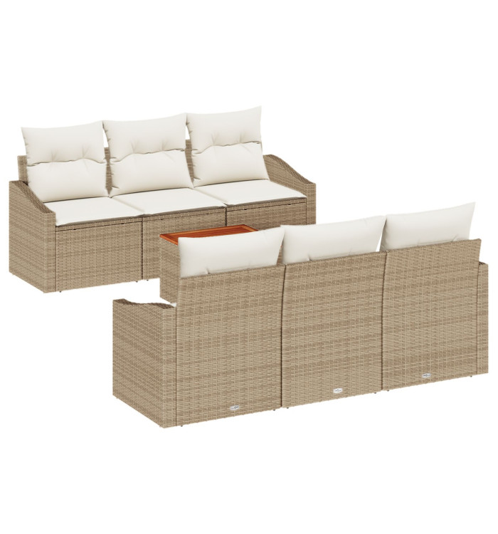 Ensemble de canapé de jardin 7 pièces avec coussins beige poly rotin acacia | Mobilier & Déco